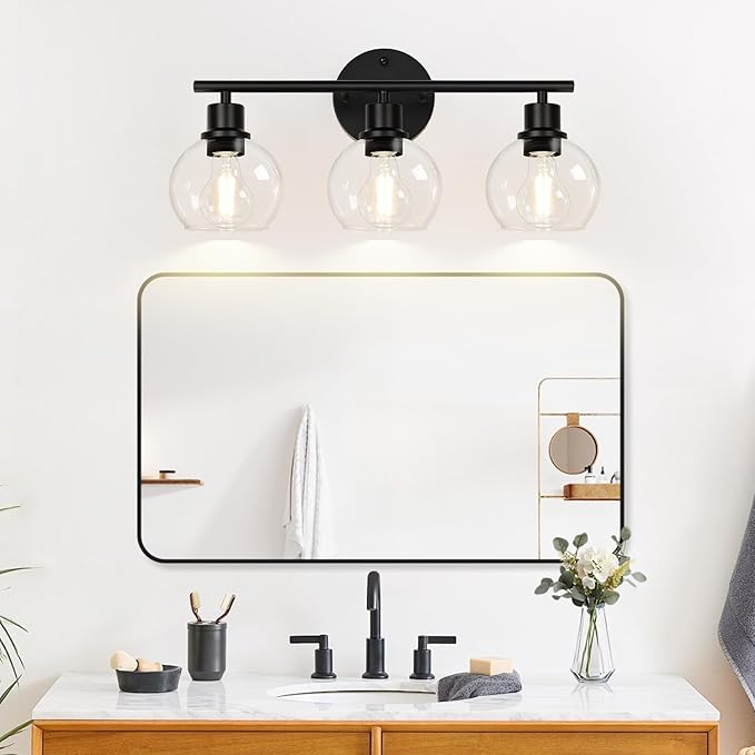 3-Light Bathroom Light Fixtures, Black Bathroom Lights Over Mirror with Clear Glass Globe Shade, Vanity Lights for Bathroom Kitchen Living Room Hallway Cabinet Bedroom Porch.