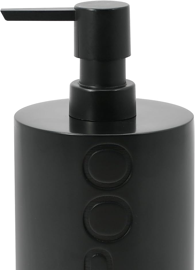 Indecor Home Matte Black Shampoo Dispenser Modern Refillable Pump Bottle with Embossed Text, Durable Resin Construction for Bathroom and Kitchen