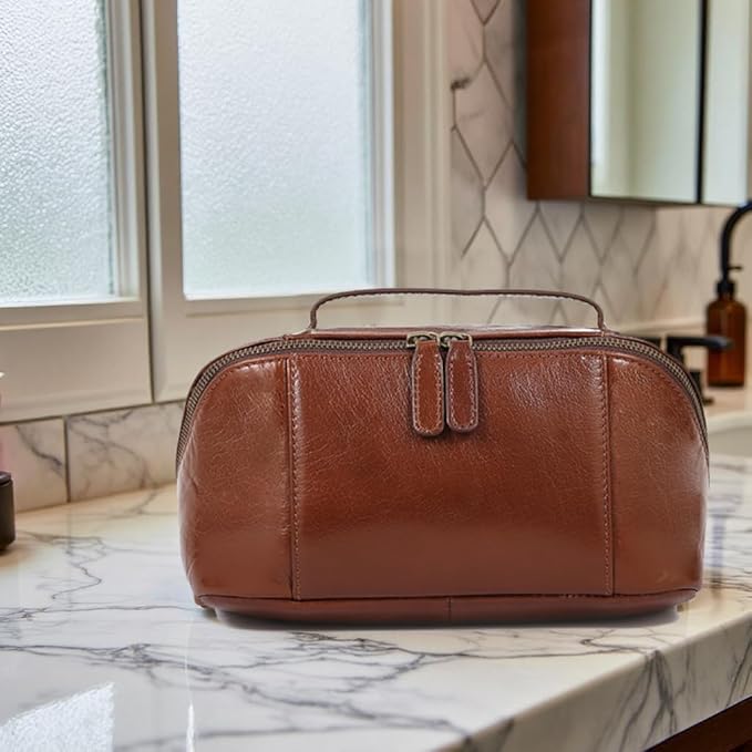 KomalC Luxury Leather Men’s Toiletry Travel Bag – Handmade Shaving Kit with Waterproof Interior, Spacious Storage & Carry Handle – leather travel Kit Bag for Men & Women (Wine)
