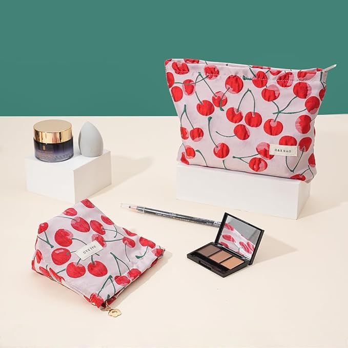 BOCGRPU Make up Bag 2 Piece Set, Aesthetic Cherry Print Cosmetic Travel Bag for Purse, Cute Vintage Floral Toiletry Pouch, Lightweight Spacious Skincare Organizer Gifts for Women Girls