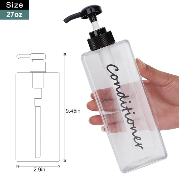 Shampoo Dispenser - Refillable Shampoo and Conditioner Bottles (Clear, Set of 3, 21oz) - Modern Shampoo Bottles for Shower Soap - Empty Shampoo Conditioner Body Wash Dispenser Set - for Bathroom