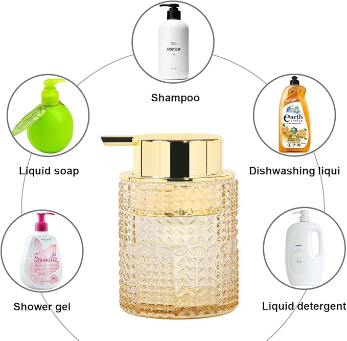 Fvstar Amber Glass Foaming Soap Dispenser, 2pcs Refillable Foam Soap Dispenser with Gold Pump, Glass Lotion Container Bottle for Kitchen and Bathroom Countertop,Wide-Mouthed and Easy to Press