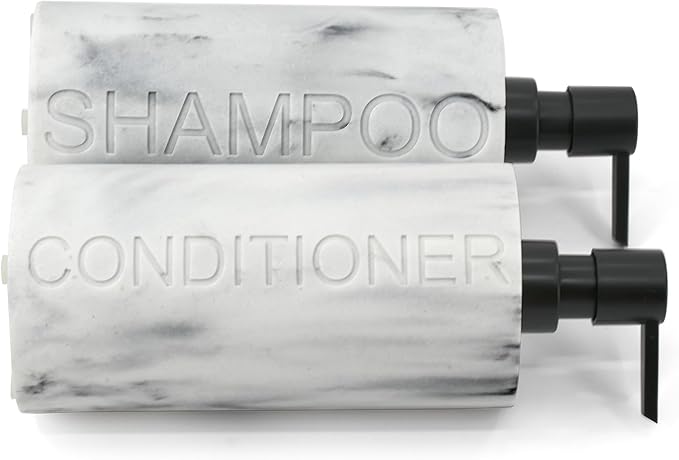 Indecor Home Marble Resin 2 Piece Shampoo and Conditioner Dispenser Set, Luxurious Refillable Pump Bottles with Matte Pump Top and Embossed Text, Durable Design for Bathroom and Shower