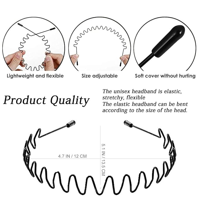 Vrose Flosi 2-Pack Metal Headbands for Men & Women - Zig Zag & Wavy Hair Bands for All Hair Types Safe Ball-End Tips & Thickened Electroplating - Hair Styling Accessories for Face Washing GYM Running