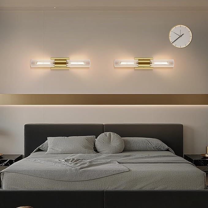 21" Gold Bathroom Sconces Set of 2 , Modern Wall Sconces Set of Two with Threaded Glass, Hardwired Up Down Wall Lighting Vanity Fixtures for Bedroom Bathroom Living Room Hallway (Bulb Not Included)