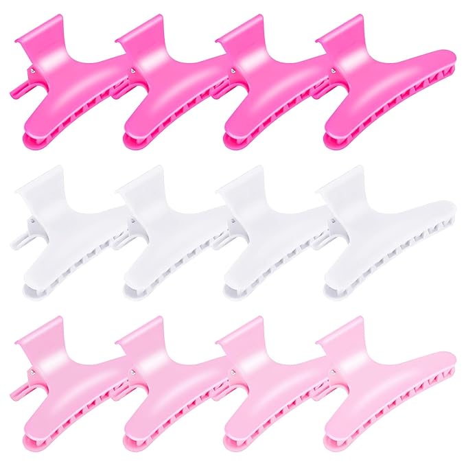BAHABY Hair Sectioning Clips, 12 Pack, Pink and White, 3.14 Inch, Plastic Styling Clamps for Salon and Home Use