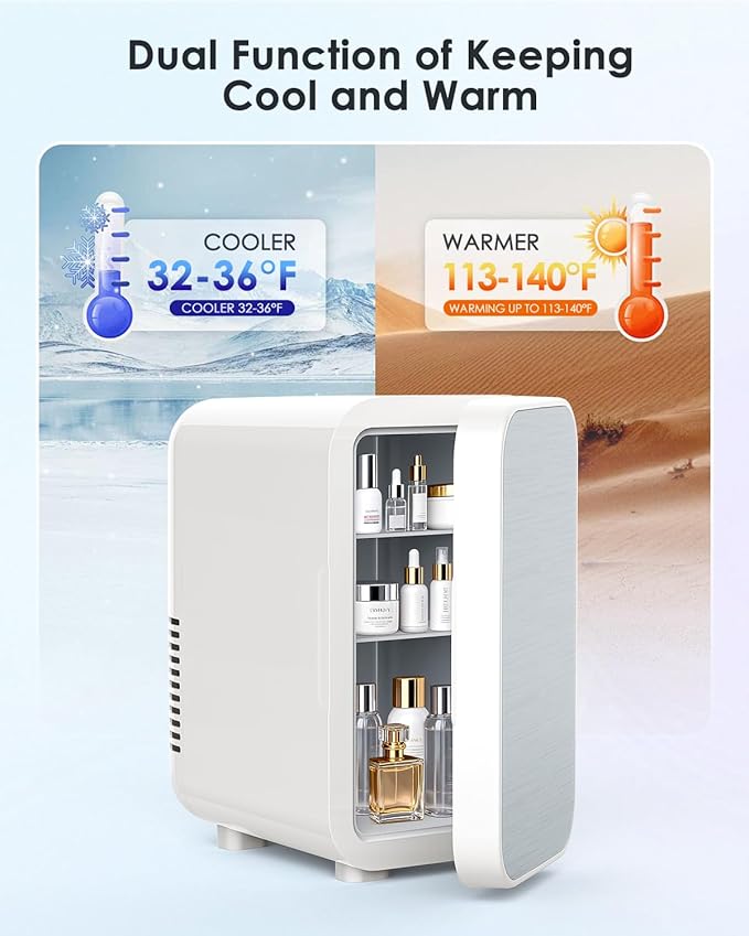 FANSEXPERT Skincare Fridge with Glass Panel, 6L Mini Fridge for Home/Car, AC/DC Portable Thermoelectric Cooler and Warmer, Makeup Mini Compact Refrigerator for Skincare Cosmetics Food Drinks (White)