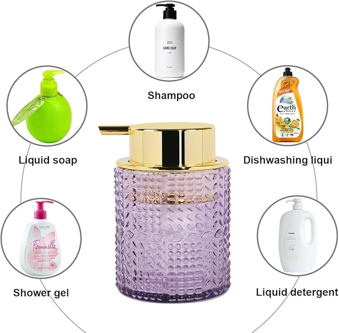 Fvstar Foaming Soap Dispenser, 2pcs Purple Glass Foam Soap Dispenser with Gold Pump, Refillable 10oz Lotion Liquid Container Pump Bottle for Bathroom Kitchen Countertop
