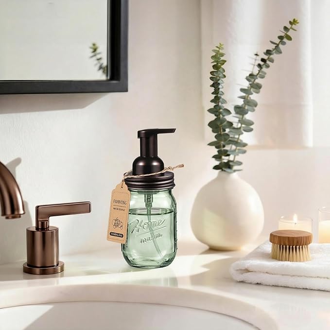 SheeChung Mason Jar Foaming Soap Dispenser, Stainless Steel Lid, Green Glass Foam Hand Soap Dispenser, 16 Oz Refillable Liquid Foam Dispenser Bottle for Bathroom Kitchen, Dish Soap-Bronze, 2 Pack