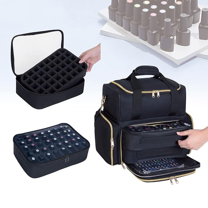 Nail Polish Organizer Case Holds 80 Bottles(15ml/0.5fl.oz) Portable Travel Storage Box with 2 Detachable Bags, Designed for Women's Nail Tools, Essential Oils and Cosmetics Sets(Black)