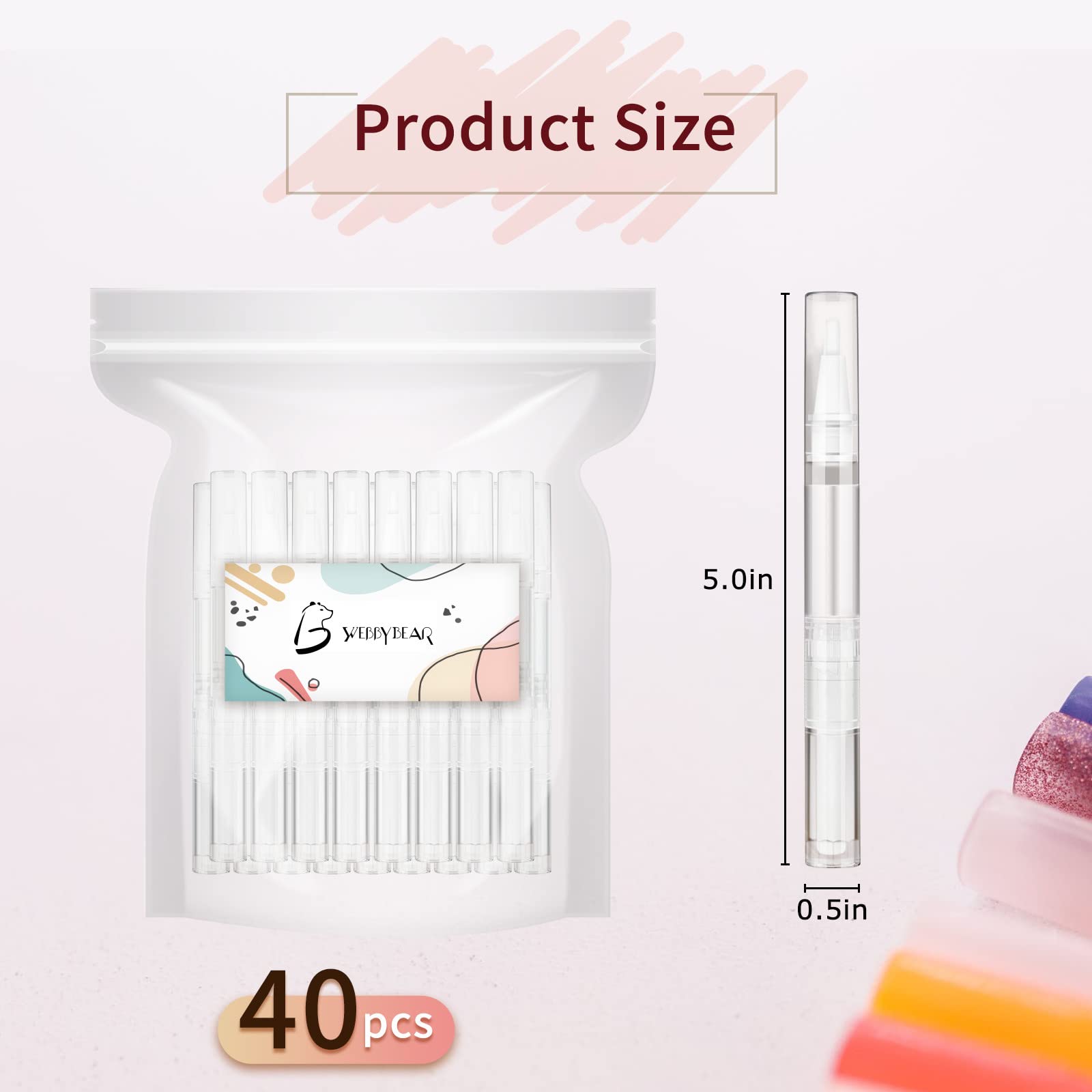 WEBBYBEAR 40 Pieces 3 ml Empty Cuticle Oil Pen Containers, Empty Nail Oil Pen Containers, Transparent Twist Pens with Brush Tip, Cosmetic Lip Gloss Containers, with 3 Stickers