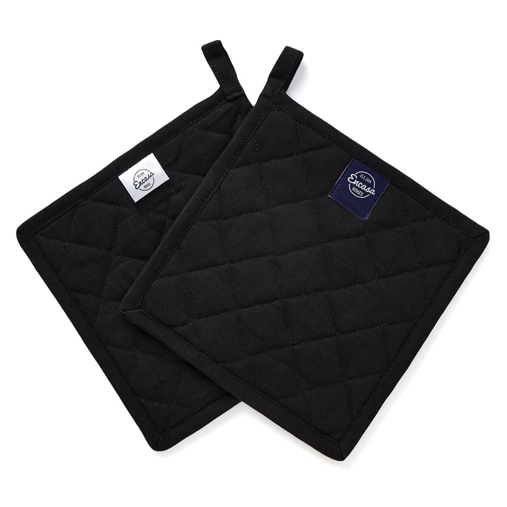 Encasa XO Heat Resistant Cotton Pot Holders with Hanging Loop - Set of 2 - Full Black - Multipurpose Quilted Everyday Hot Pad for Kitchen, Camping, BBQ & Microwave - 8x8 in