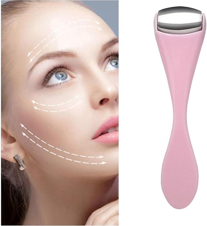 Mini Eye Face Rollers Massager 304 Stainless Steel Ice Silicone Roller for Relief Pain Skincare Facial Women Girl Gift Pink Color