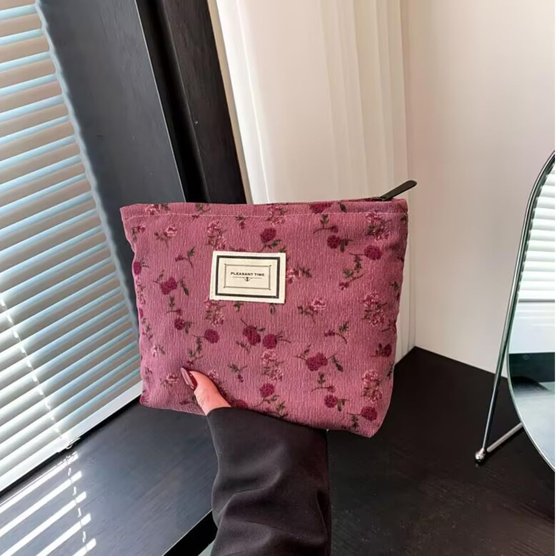 SxoSyo Cosmetic Bags for Purse, Floral Makeup Bag, Dark Red Rose
