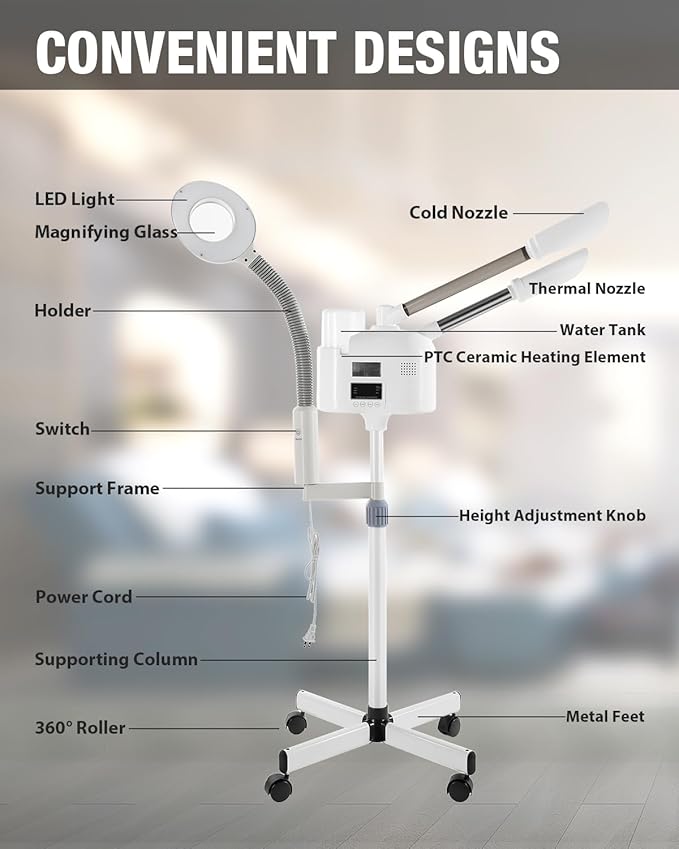 Professional Facial Steamer 3 in 1 Steamer for Face with Hot & Cold Nozzle 5X LED Magnifying Lamp Facial Steamer for Esthetician Beauty Face Equipment Use at Home or Salon
