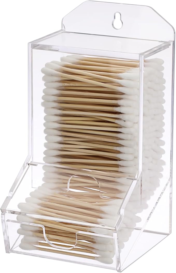 Hipiwe Clear Qtip Dispenser Wall Mount Acrylic Q Tip Holder Bathroom Cotton Ball Organizer Box with Lid Vanity Storage Canister Box for Cotton Swabs Dental Floss, 4"x 3.5"x 6.7"
