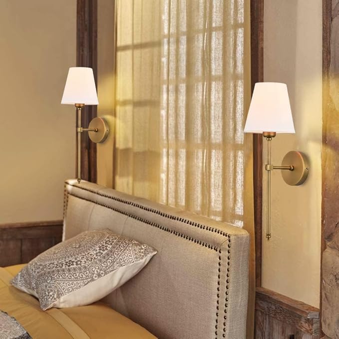 Bsmathom Wall Sconces Sets of 2, Hardwired Classic Brushed Brass Sconces Wall Lighting, Bathroom Vanity Light Fixture with Fabric Shade for Bedroom Living Room Hallway Kitchen, Gold