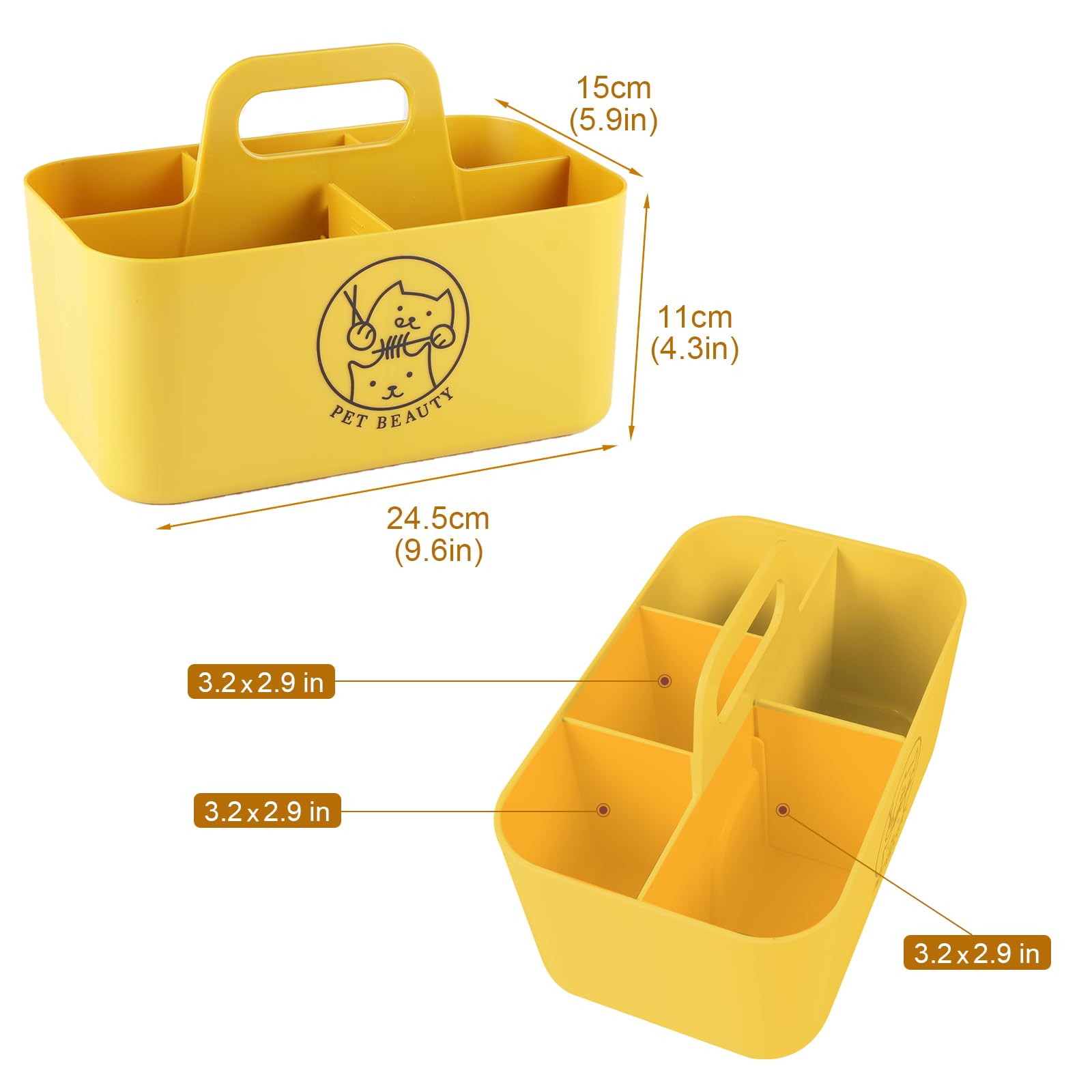 Brabtod Dog Storage Organizer for Grooming Supplies,Portable Caddy Organizer for Pet Stuff,Divided Storage Bin for Dog Cat Grooming Kit,Dog Stuff Organizer with Handle for Shampoo,Clipper,Comb-Yeloow