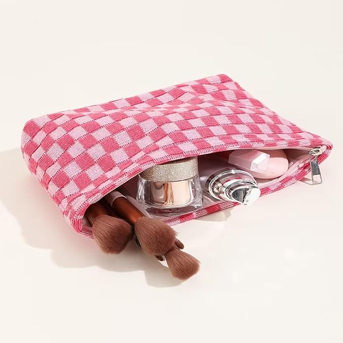 SxoSyo Checkered Cosmetic Bags for Purse, Large Makeup Pouch, Pink