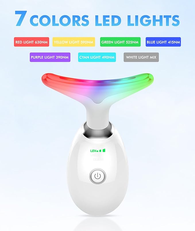 SDKWDH Red Light Therapy for Face and Neck, 7 Color Face Massager Tool for Wrinkles, Double Chin, Vibrating Facial Massager with Thermals for Skin Care, Gifts for Women Men, Glossy White