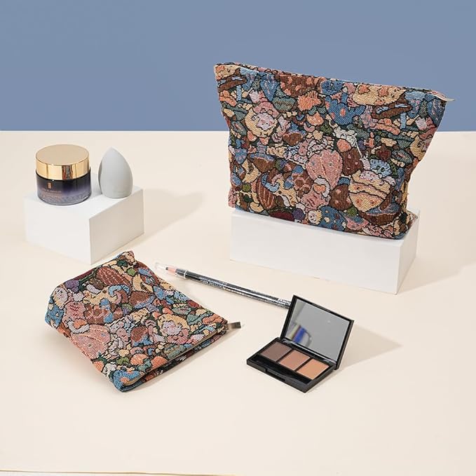 BOCGRPU 2 PCS Makeup Bag Small Cute Cosmetic Bags for Women，Floral Travel Toiletry Bag for Purse, Large Canvas Cosmetic Pouch Makeup Organizer Tool Pouch with Zipper（Fair Tale Forest）