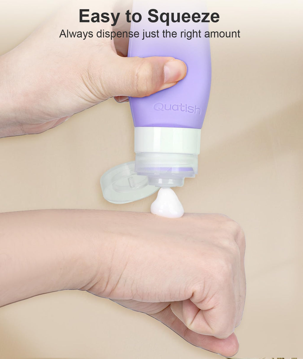Quatish Travel Bottles for Toiletries, Original Patented Leak Proof Travel Size Containers, 3 oz Tsa Approved Silicone Shampoo and Conditioner Bottles, 4 Pack,，Purple