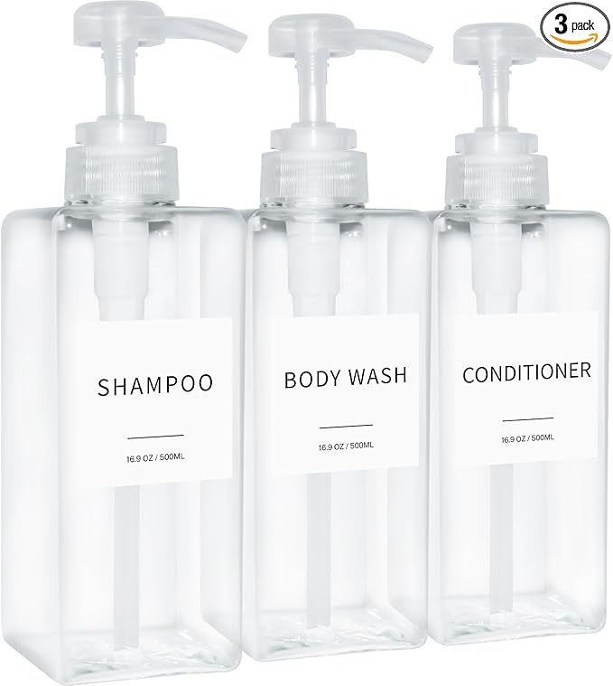 Shampoo and Conditioner Dispenser, Refillable Plastic Shampoo Pump Bottles with Waterproof Labels, Empty Body Wash Dispenser Set for Bathroom, Shower Soap Bottles (Clear, Set of 3, 16.9oz)