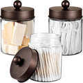 3PC Farmhouse Decor Qtip Holder Apothecary Jars Bathroom Vanity Storage Organizer -Countertop Canister Container &Cute Stickers for Cotton Swab, Ball,Pad,Floss ,Paper Clips (Bronze,Plastic)
