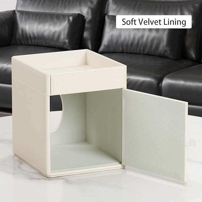 Cretkhp Tissue Box Cover, PU Leather Square Tissue Box Holder with Storage Tray for Bathroom Vanity Countertop Night Stands Bedroom Office Desk, Stylish Tissue Holder Decorative Organizer (Cream)