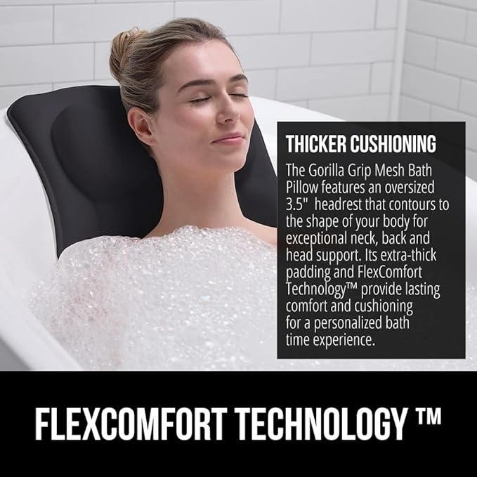 GORILLA GRIP Bath Pillow for Tub, 6 Strong Suction Cups, 4D Mesh FlexComfort Headrest for Neck, Head and Back Support, Luxury Machine Washable Pillows, Bathtub Accessories, Spa Gifts for Women, Black
