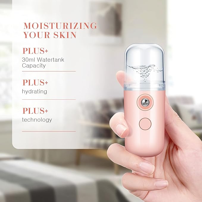 Honoson 2 Pack Nano Facial Mister Spray Bottle Handheld Humidifier Portable Face Mister for Eyelash Extensions USB Rechargeable 1 oz Mini Skin Care Machine for Daily Makeup(Light Pink and Blue)