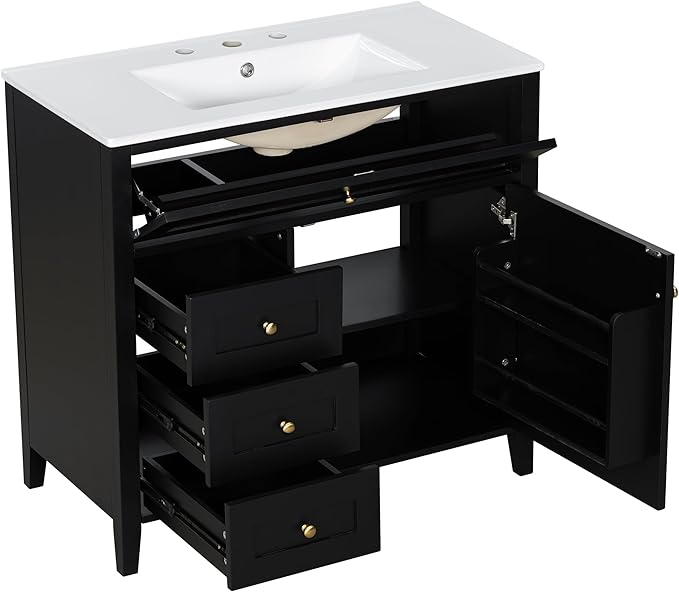 Harper & Bright Designs 36" Bathroom Vanity with Sink, Free Standing Vanity Set with 4 Drawers, Storage Racks, and Adjustable Shelf, Wood Bathroom Cabinet with Ceramic Basin for Bathroom, Black
