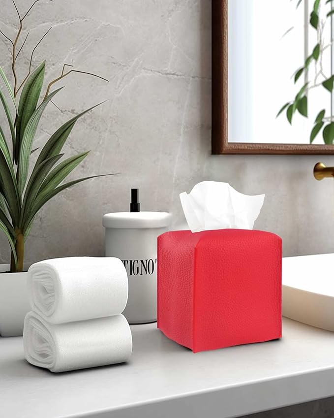 Red Tissue Box Cover Square – with Bottom Belt [JESMINI, Red] Modern PU Leather Tissue Cube Box Holder Decorative for Bathroom Vanity Countertop/Night Stands/Office Desk, 5x5x5