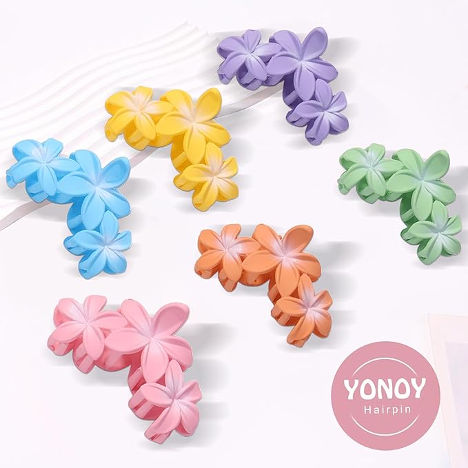 YONOY 6Pcs Flower Hair Clips for Women,Non-Slip Matte Flower Hair Clips for Women,Hawaiian Clip Large Plumeria Banana Cute Clip Beach Hair Accessories (Frosted gradient color)