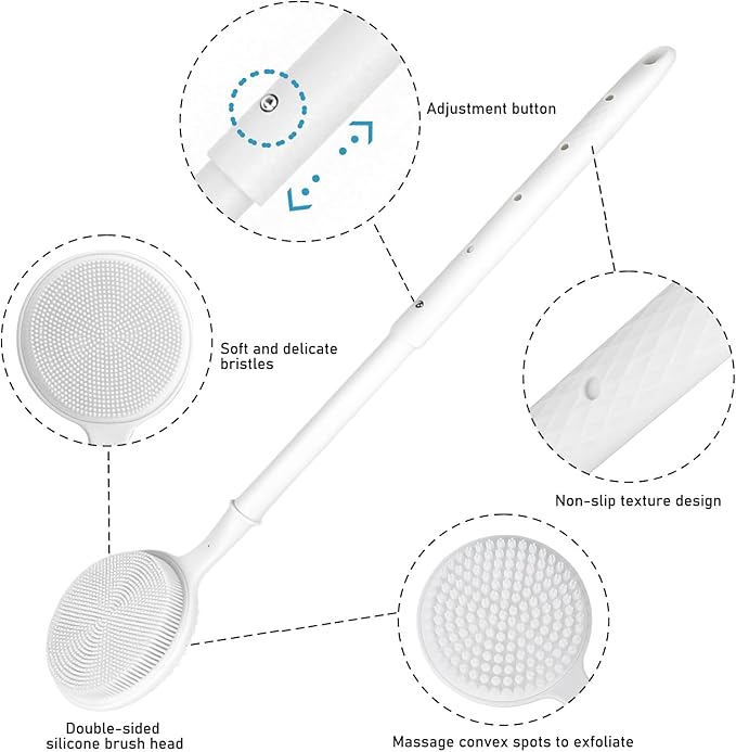 OZNER 24 Inches Silicone Back Scrubber for Shower - Extendable Long Handle Shower Brush with Dual-Sided Bristles - Exfoliating Body Scrubber for Sensitive Skin - Perfect for Men & Women (White)