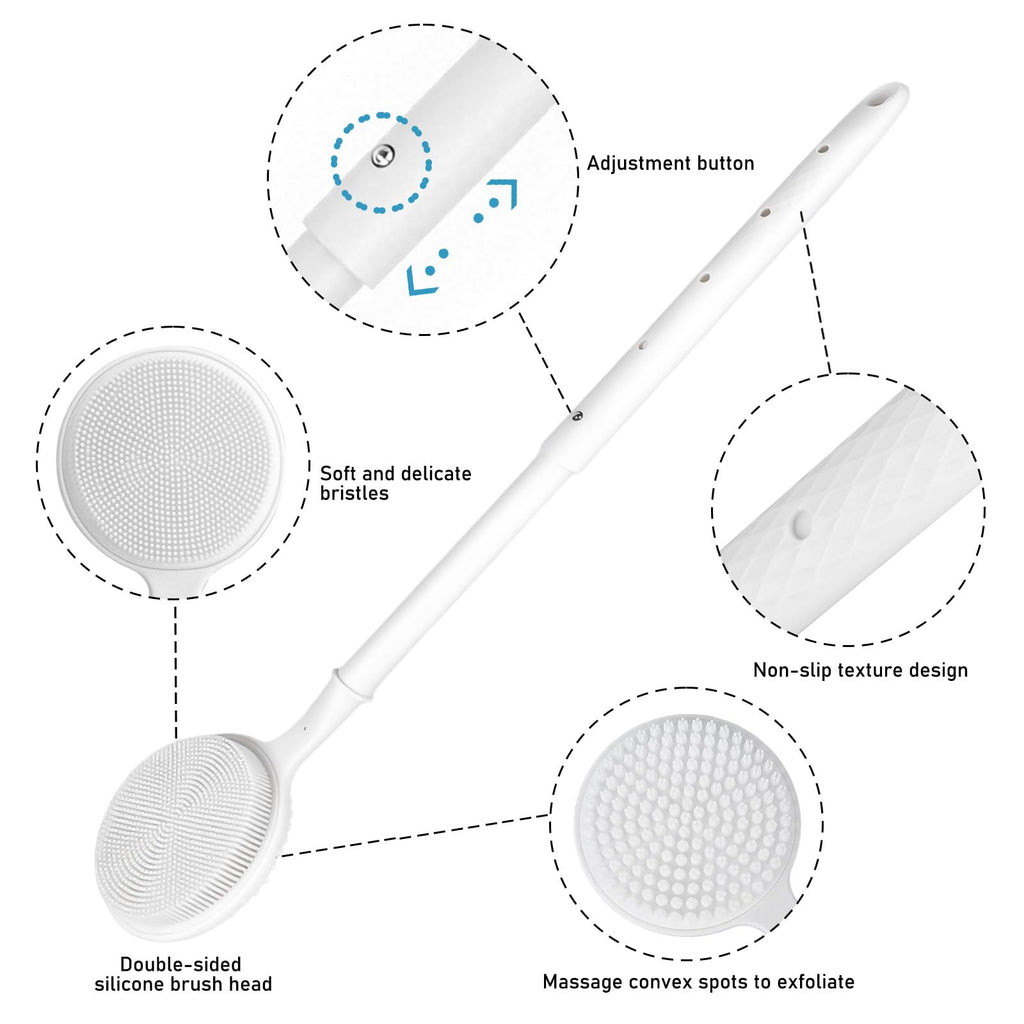 OZNER 24 Inches Silicone Back Scrubber for Shower - Extendable Long Handle Shower Brush with Dual-Sided Bristles - Exfoliating Body Scrubber for Sensitive Skin - Perfect for Men & Women (White)