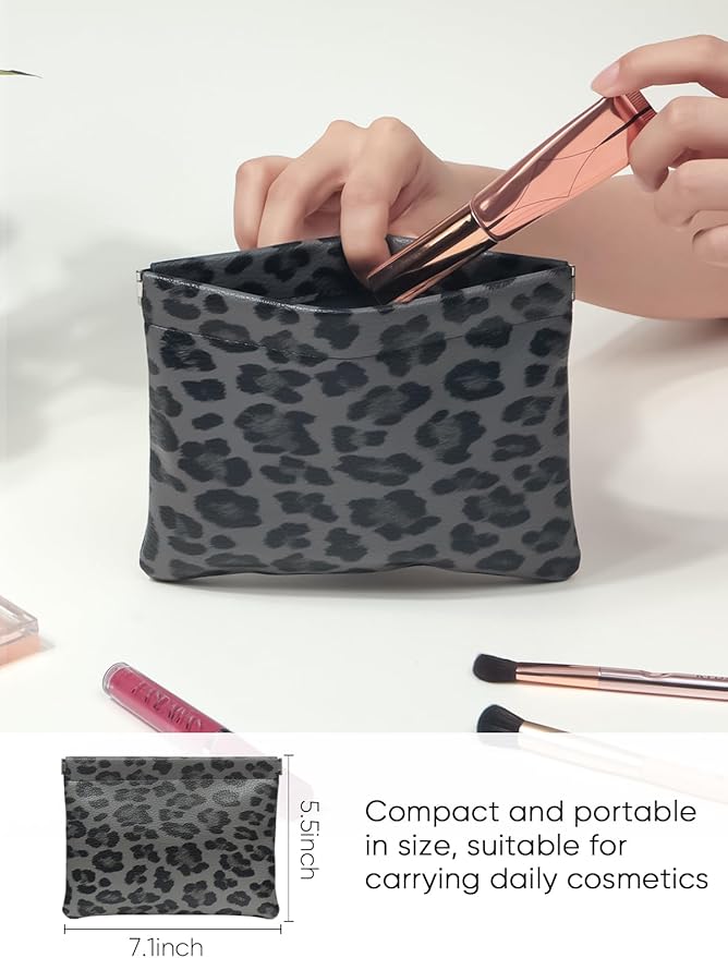 Ksriylm Leopard Leather Small Makeup Pouch for Women,Cosmetic Accessories Organizer,Waterproof and Portable Cosmetic Bag,Self-closing, No Zipper, Aesthetic Storage Pouch,Lipstick for Purse,Black