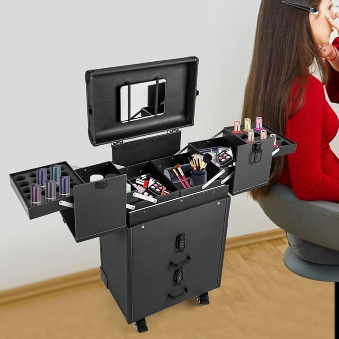 Rolling Makeup Train Case with Wheels and Mirror, Lockable Portable Cosmetic Organizer Trolley, Large Make up Cosmetic Orgainzer, Pro Makeup Artists Multifunction Cosmetics Trolley Train Case (Black)