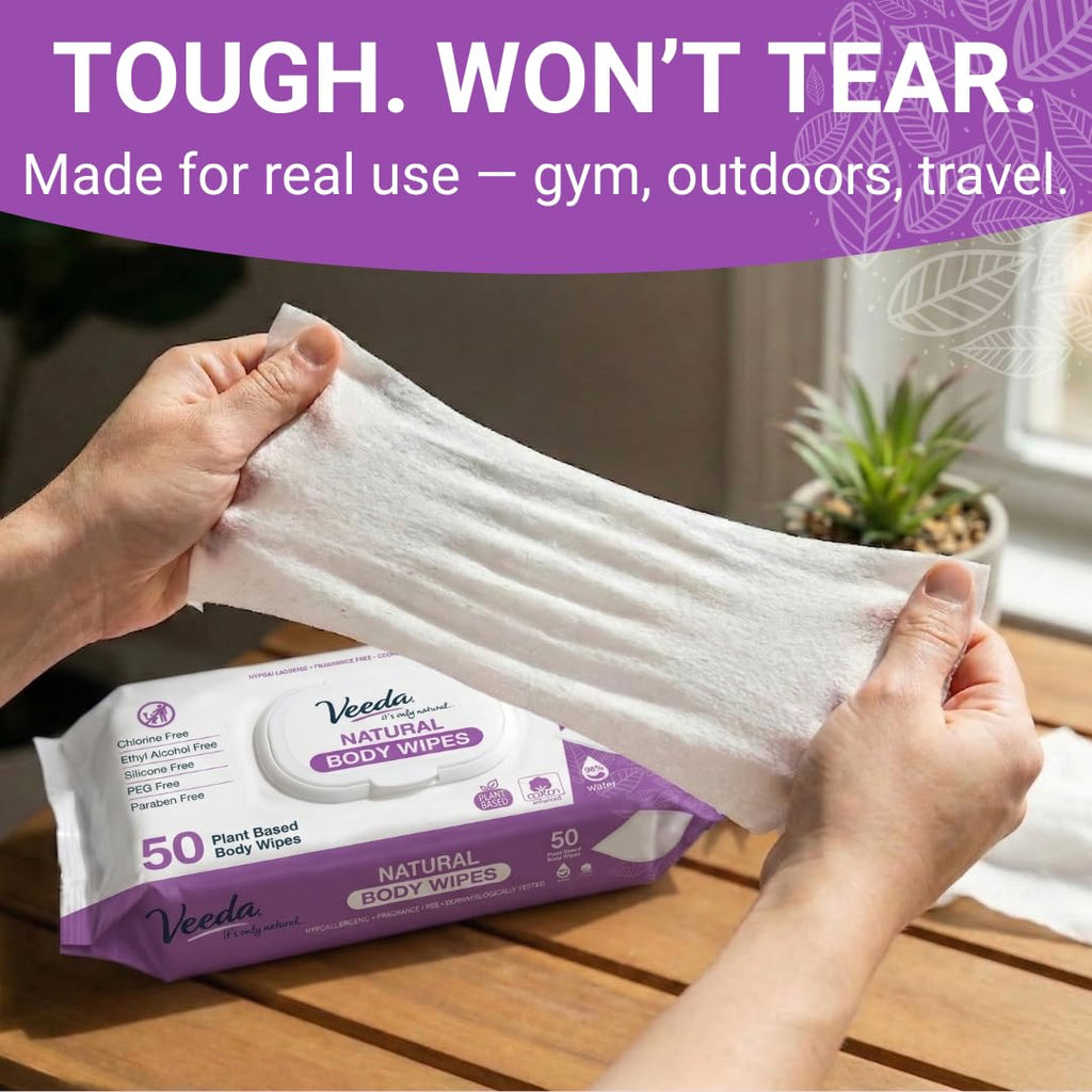 Veeda Natural Cotton Body Wipes for Adults - 300 Count, Hypoallergenic & pH Balanced Wet Wipes - Unscented Personal Cleansing Wipes Safe for Sensitive Skin, Plant based Soft Wipes