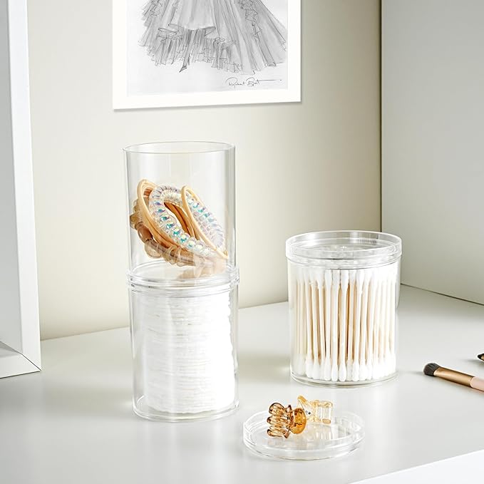 SheeChung 2-Pack Stackable Qtip Holder with Storage Lids - Clear Plastic Apothecary Jars for Bathroom Organization - Shatterproof Cotton Swab Dispenser with Labels - 10oz Vanity Counter Organizer
