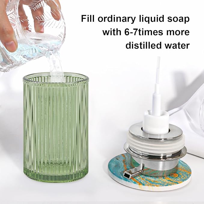 Tonxus Foaming Soap Dispenser, Bathroom Green Glass Foam Soap Dispenser, Refillable 12 Oz Foam Pump Bottle Container with Silver Pump, Decorative Slim Ribbed Dish Soap Dispenser for Kitchen
