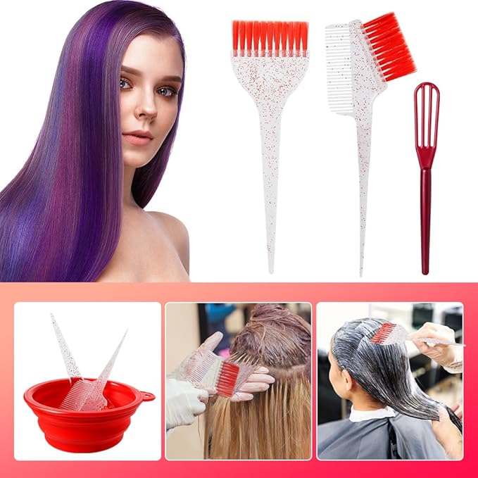 MOONMINI Hair Dye Color Brush and Bowl Set, Color Bowl Brushes Tool Mixing Bowl Kit Tint Comb for Hair Tint Dying Coloring Applicator (Red&Clear)