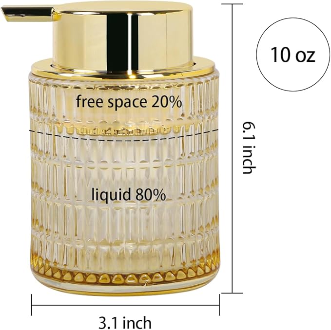 Tonxus Foaming Soap Dispenser, Amber Glass Foam Soap Dispenser for Bathroom and Kitchen, 10 Oz Refillable Foaming Pump Bottle with Large Pump, Ribbed Bottle Container Decor