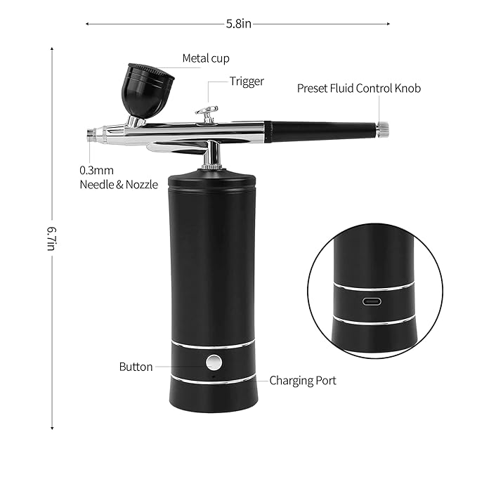 Airbrush Kit Air Brush Kit With Air Compressor Nail Charms Wireless Air Brush for Barber, Nail Art, Makeup, Model Painting(Black - with extension tube)