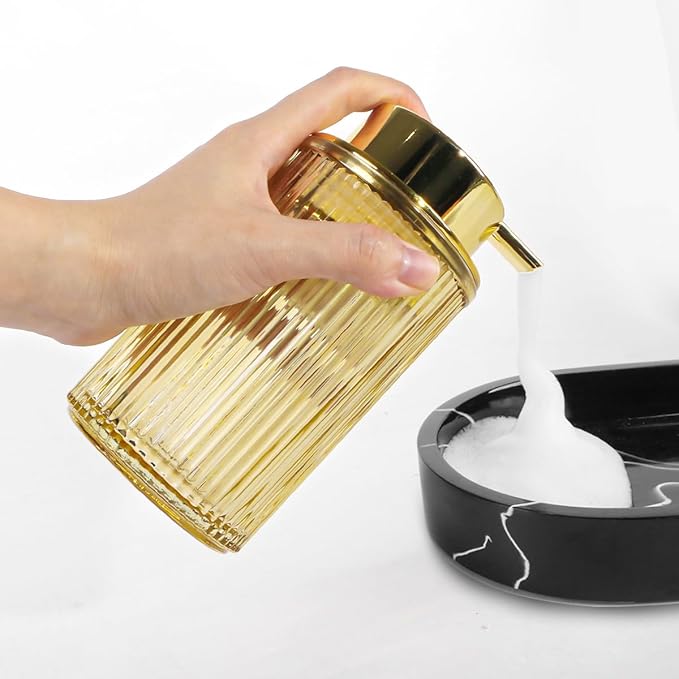 Tonxus Foaming Soap Dispenser, 12 Oz Amber Glass Foam Hand Soap Dispenser, Refillable Glass Foam Pump Bottle Container Decorative Slim Ribbed Bottle for Bathroom and Kitchen
