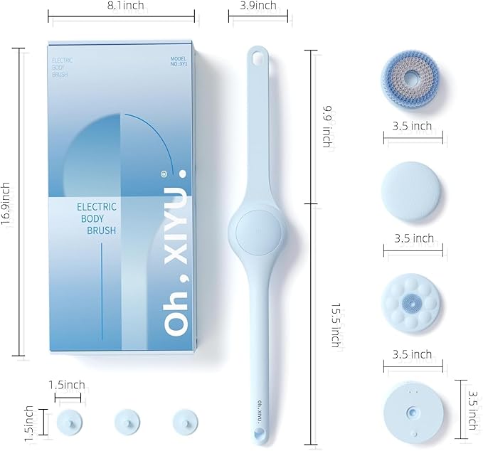 Oh,XIYU. Electric Body Brush Back Scrubber for Shower, Waterproof Long Dual Handle Power Body Scrubber with 3 Heads, Bath Brush & 2 Speeds, for Cleansing, Exfoliating and Massaging Skin, Sky Blue