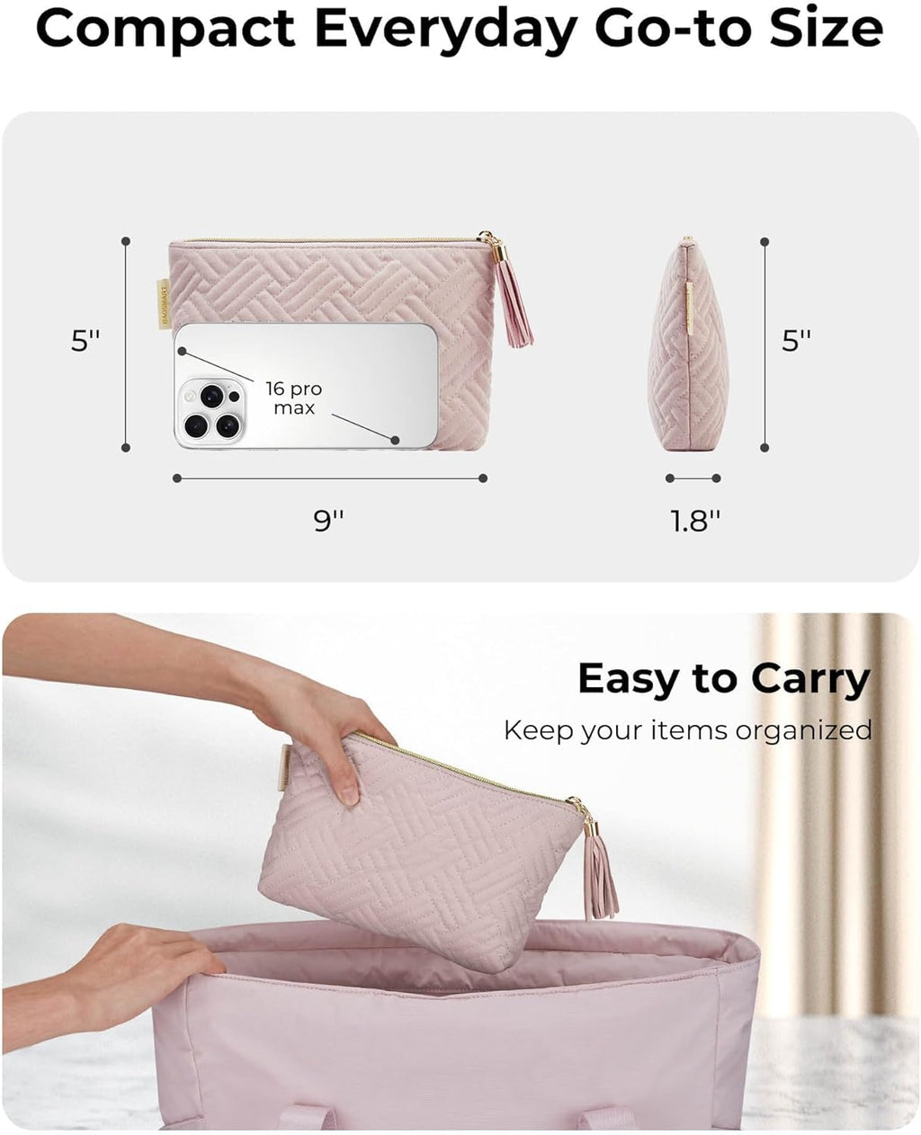 BAGSMART Small Makeup Bag with Tassel, Soft Cosmetic Pouch 8.7"