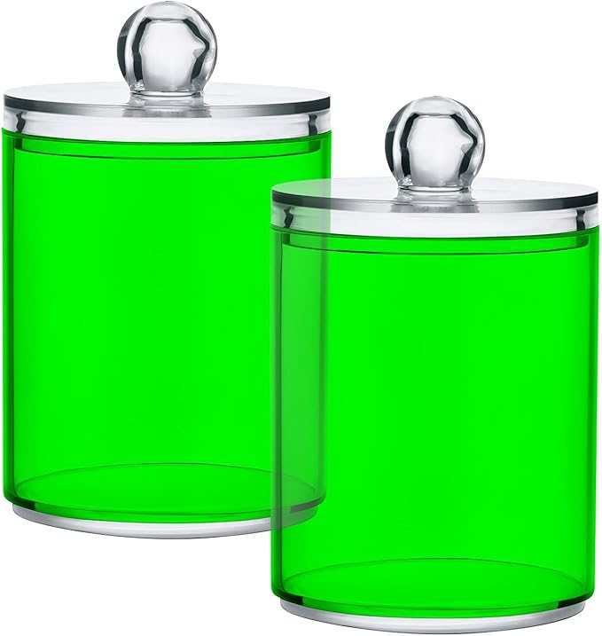 Green Qtip Holder Organizer Dispenser Cotton Swabs Cans Plastic Jars with Lid Set 2 Pack Bathroom Storage Canister for Cotton Ball Floss Cotton Pads