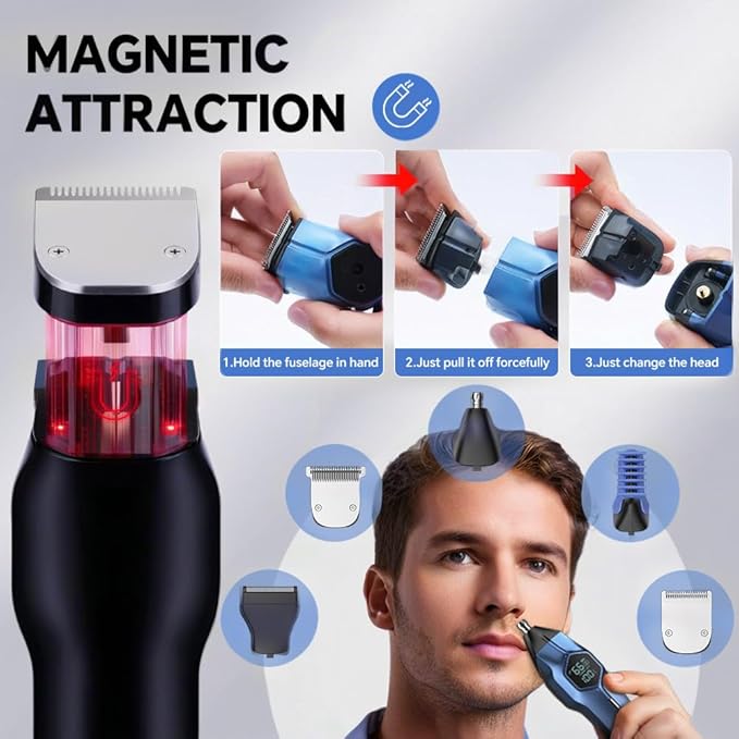 5-in-1 Electric Beard Trimmer Magnetic Replacement Heads, Professional Cordless Hair Clippers for Men Rechargeable, IPX7 Waterproof Grooming Kit for Face, Mustache, Body, Nose, Gifts for Men (Blue)