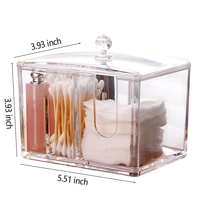 Watpot Qtip Cotton Pad Holder Dispenser Cotton Ball and Swab Storage with Lid Clear Acrylic Cotton Round Organizer, 4 Sections